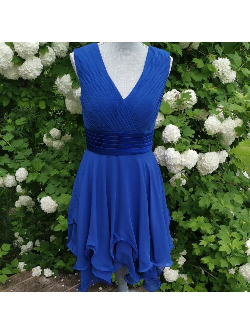 JJ's House Cocktail Prom Klein Blue Formal DressChiffon Midi V Neckline. L